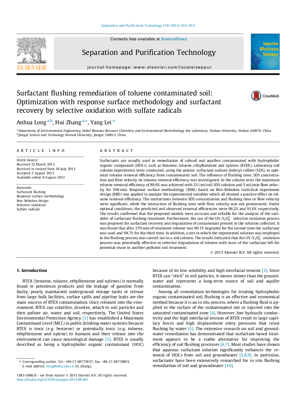 Surfactant flushing remediation of toluene contaminated soil: Optimization with response surface methodology and surfactant recovery by selective oxidation with sulfate radicals