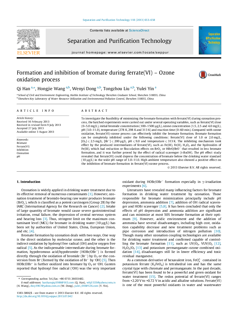 Formation and inhibition of bromate during ferrate(VI) – Ozone oxidation process