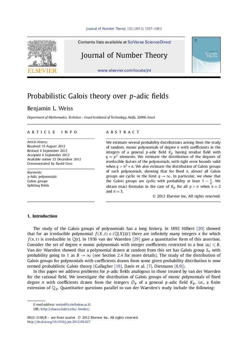 Probabilistic Galois theory over p-adic fields