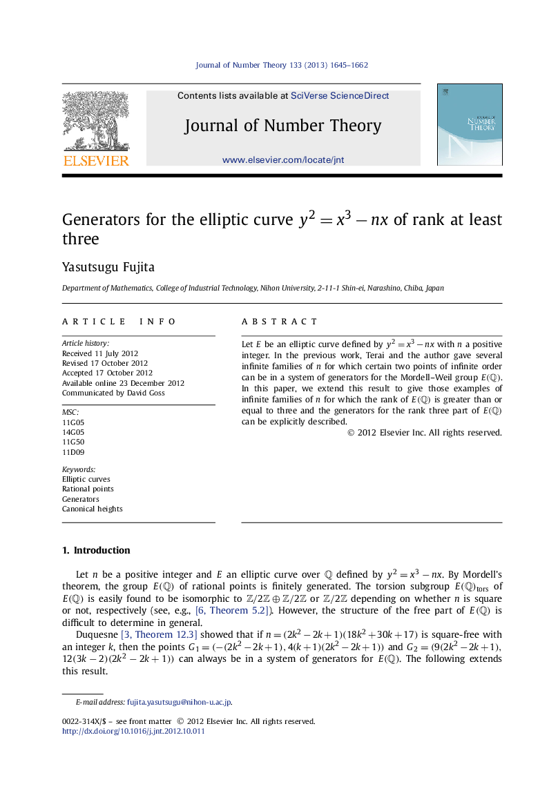 Generators for the elliptic curve y2=x3ânx of rank at least three