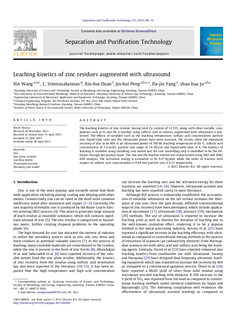 Leaching kinetics of zinc residues augmented with ultrasound