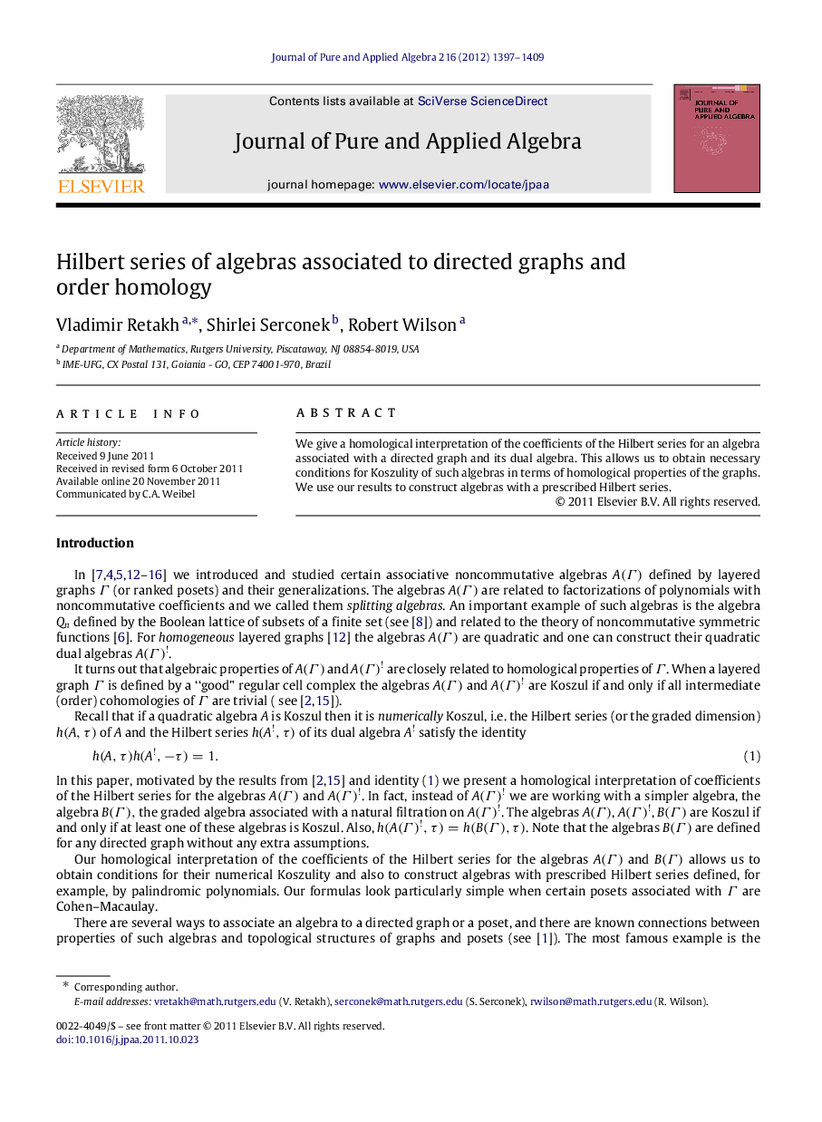 Hilbert series of algebras associated to directed graphs and order homology