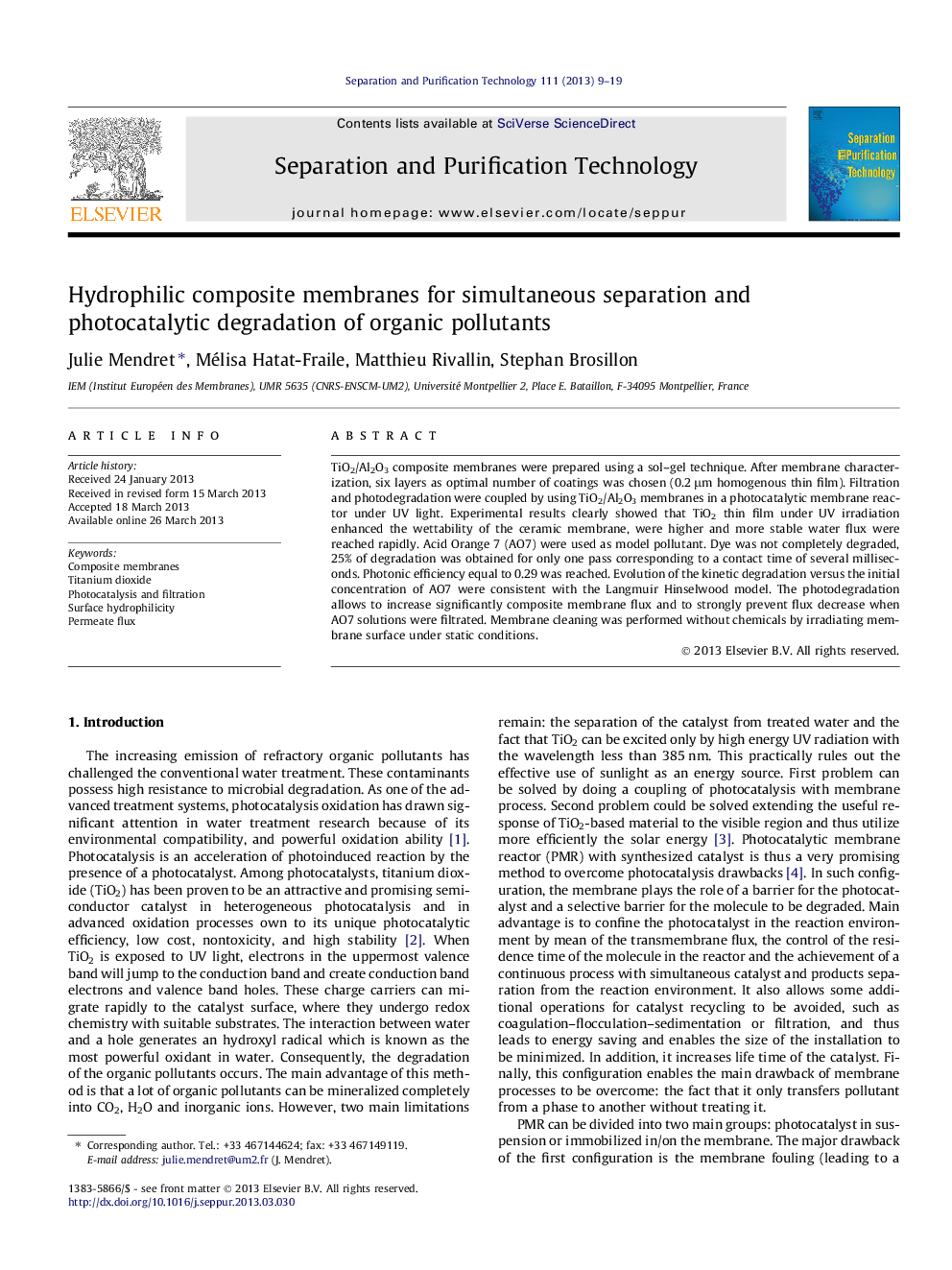 Hydrophilic composite membranes for simultaneous separation and photocatalytic degradation of organic pollutants