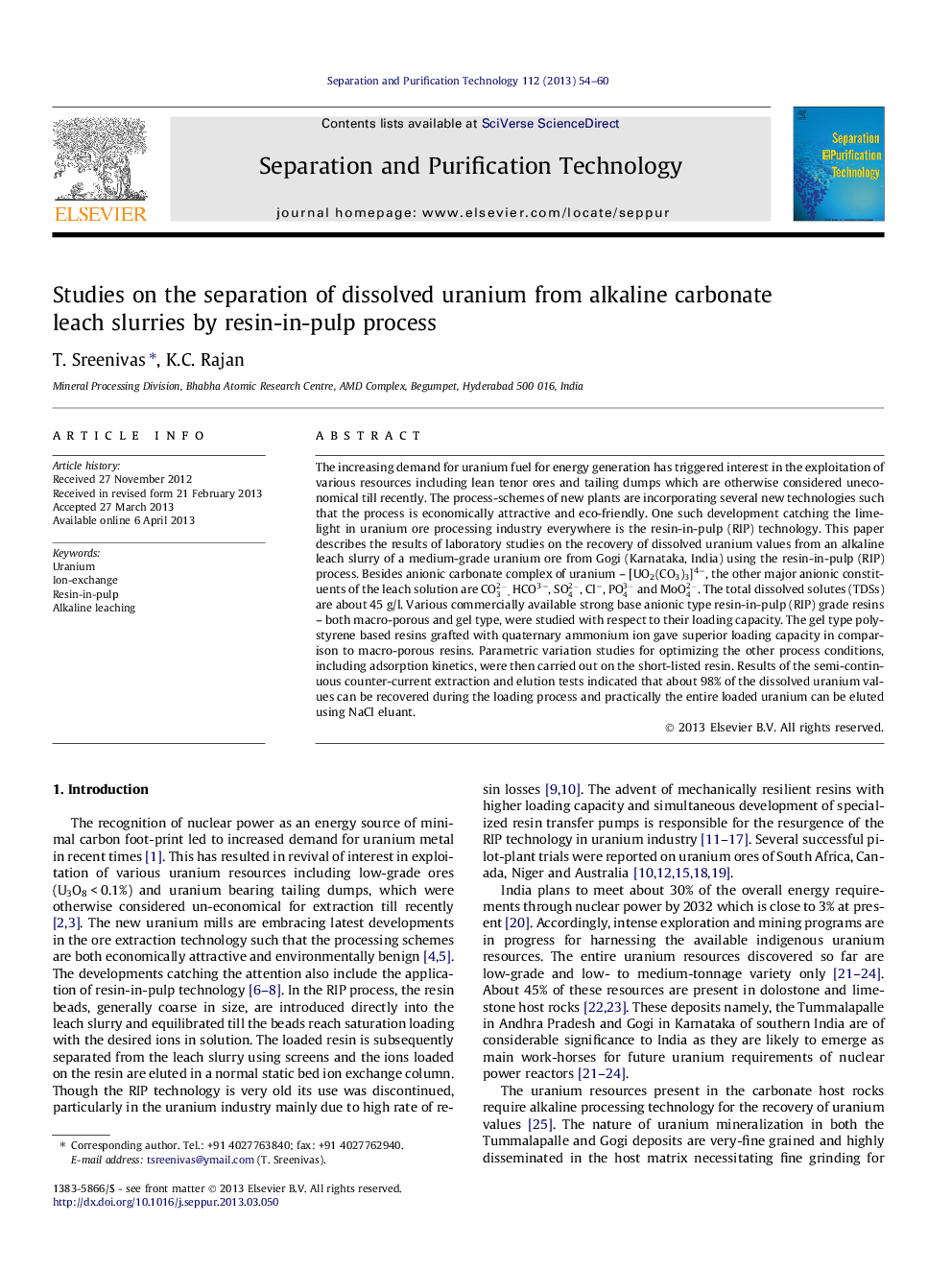 Studies on the separation of dissolved uranium from alkaline carbonate leach slurries by resin-in-pulp process