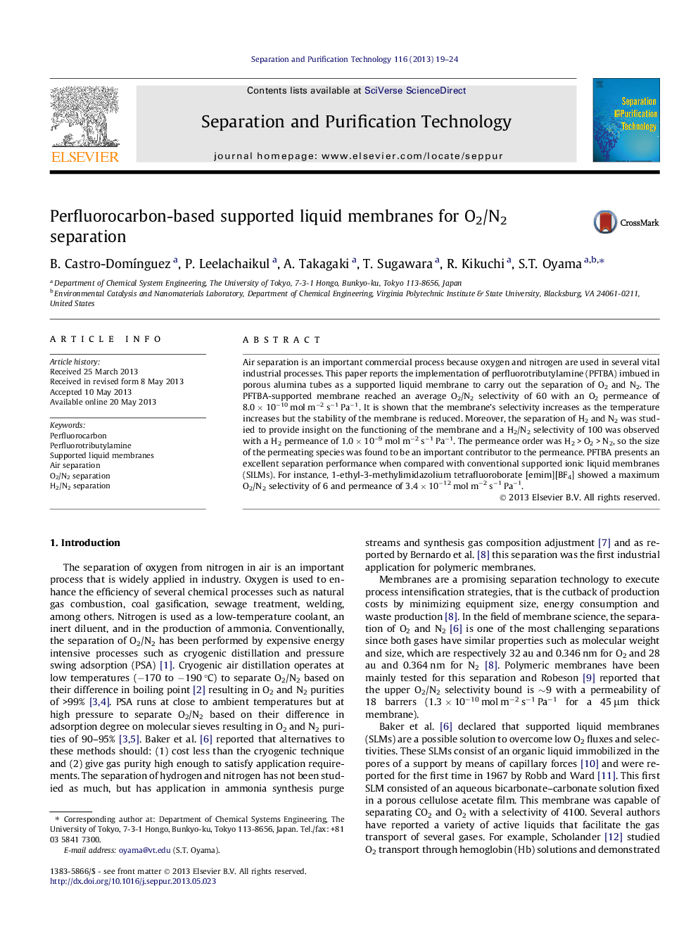 Perfluorocarbon-based supported liquid membranes for O2/N2 separation