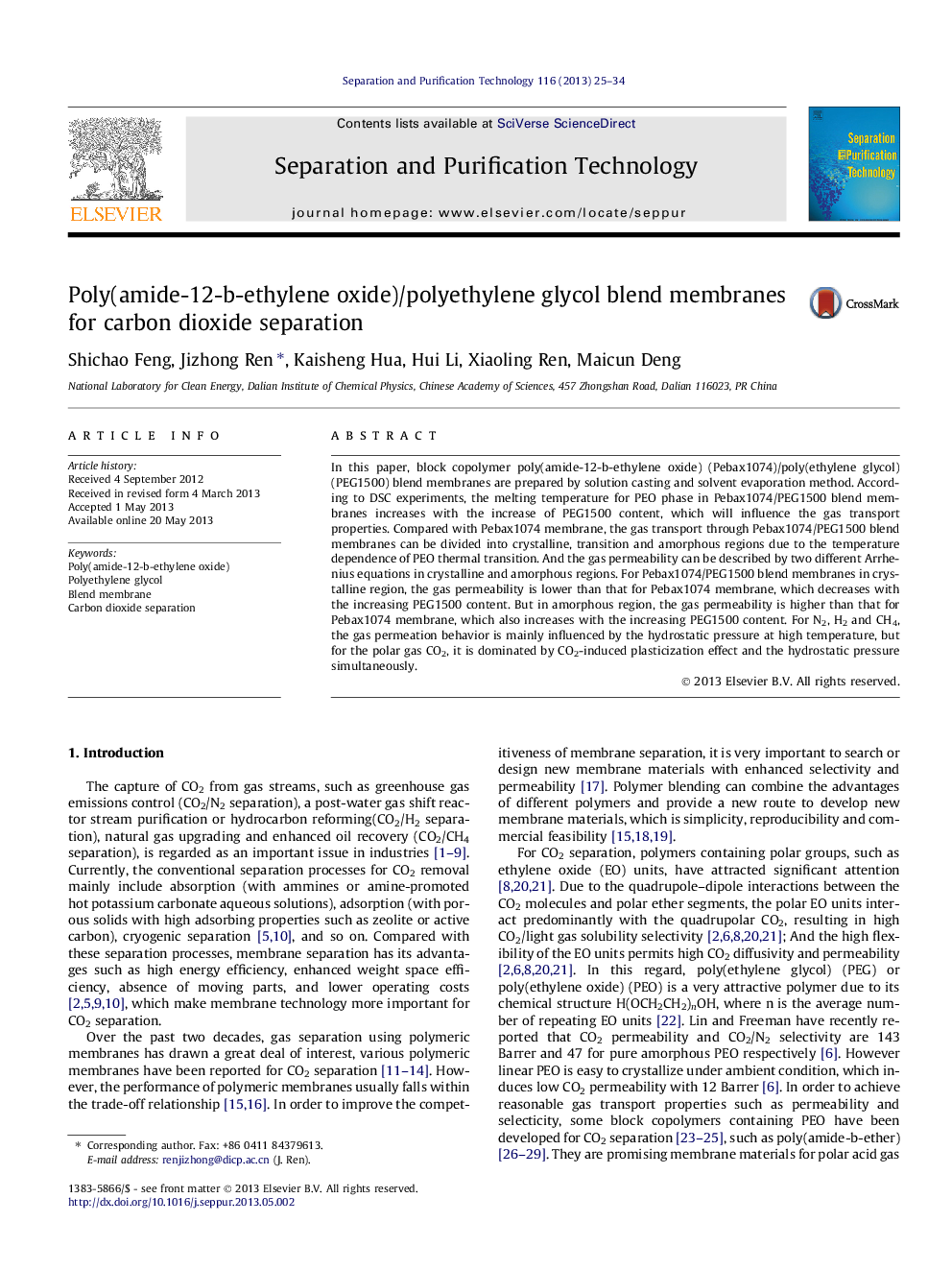 Poly(amide-12-b-ethylene oxide)/polyethylene glycol blend membranes for carbon dioxide separation