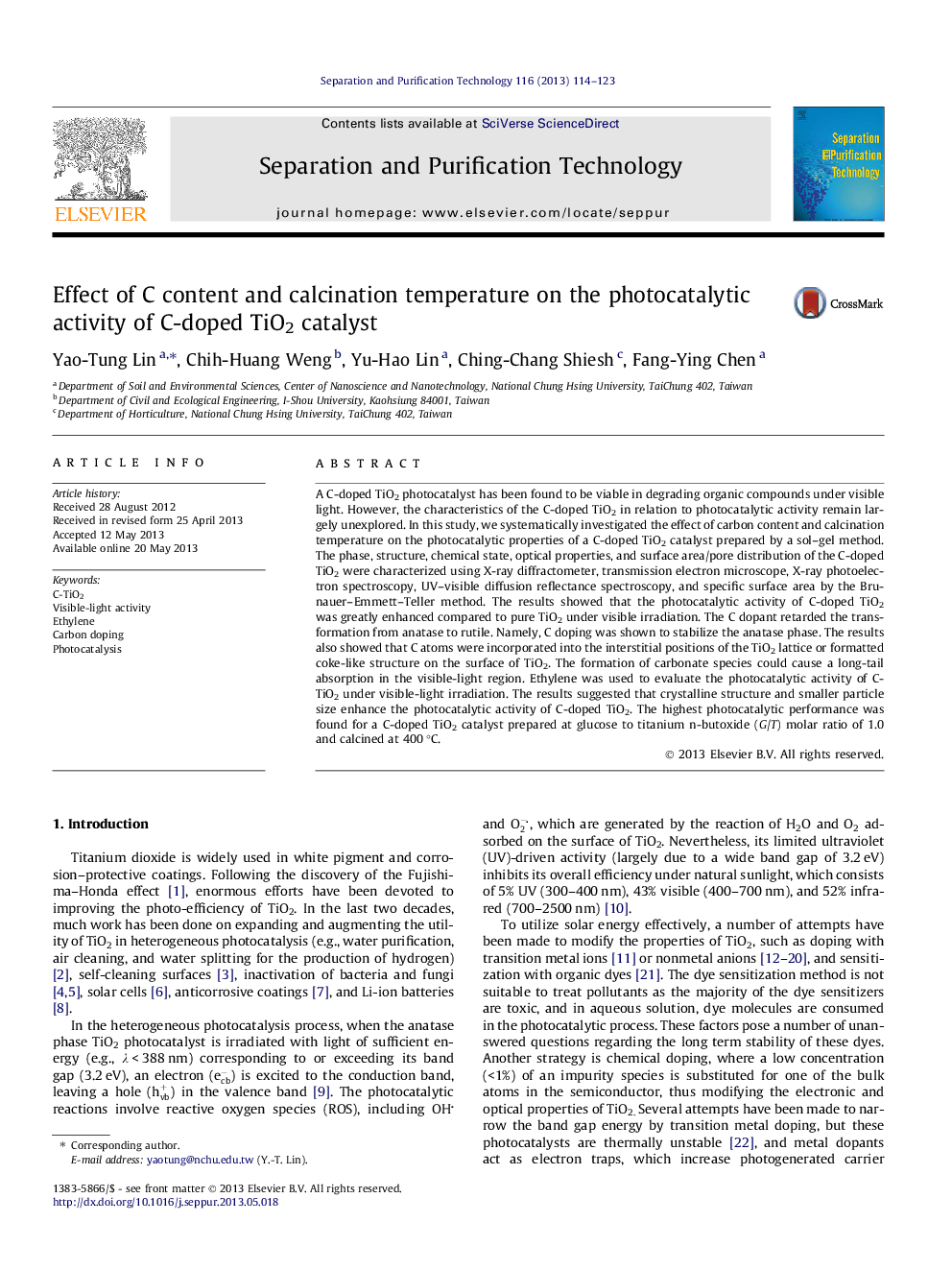 Effect of C content and calcination temperature on the photocatalytic activity of C-doped TiO2 catalyst