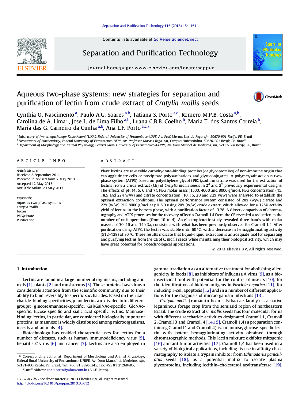 Aqueous two-phase systems: new strategies for separation and purification of lectin from crude extract of Cratylia mollis seeds