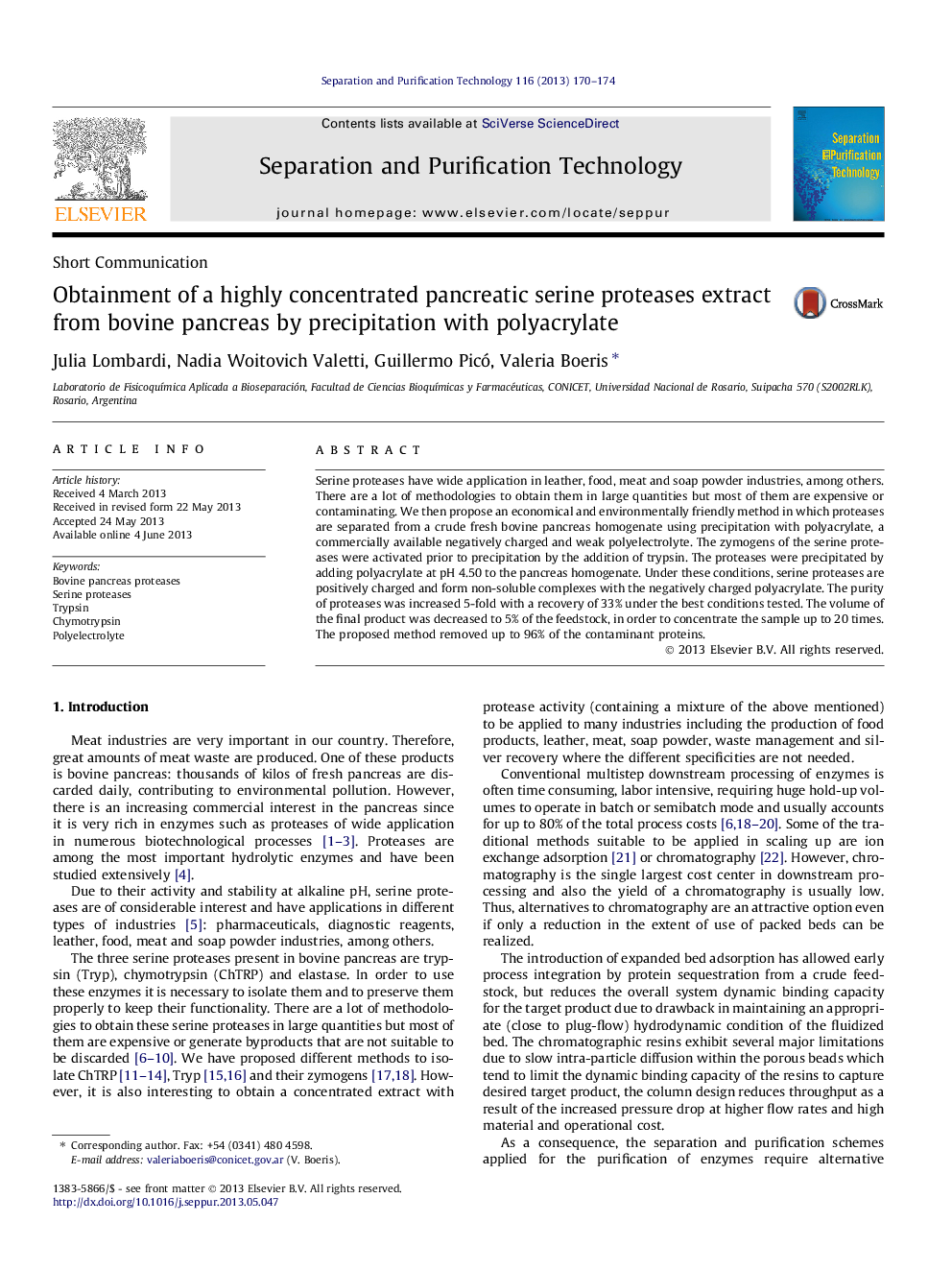 Obtainment of a highly concentrated pancreatic serine proteases extract from bovine pancreas by precipitation with polyacrylate