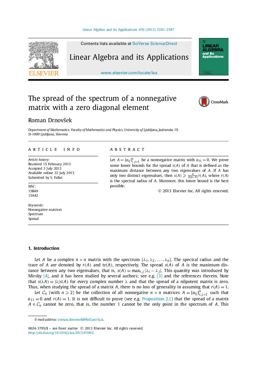 The spread of the spectrum of a nonnegative matrix with a zero diagonal element