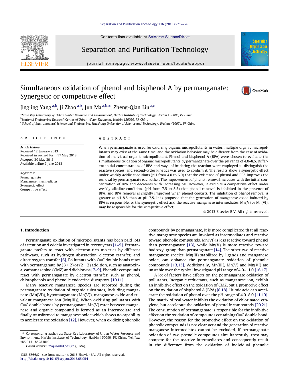 Simultaneous oxidation of phenol and bisphenol A by permanganate: Synergetic or competitive effect