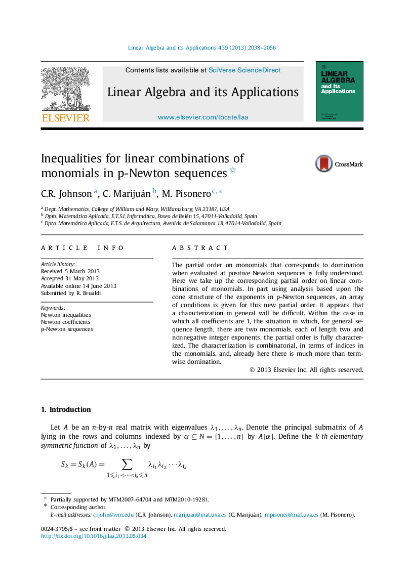 Inequalities for linear combinations of monomials in p-Newton sequences