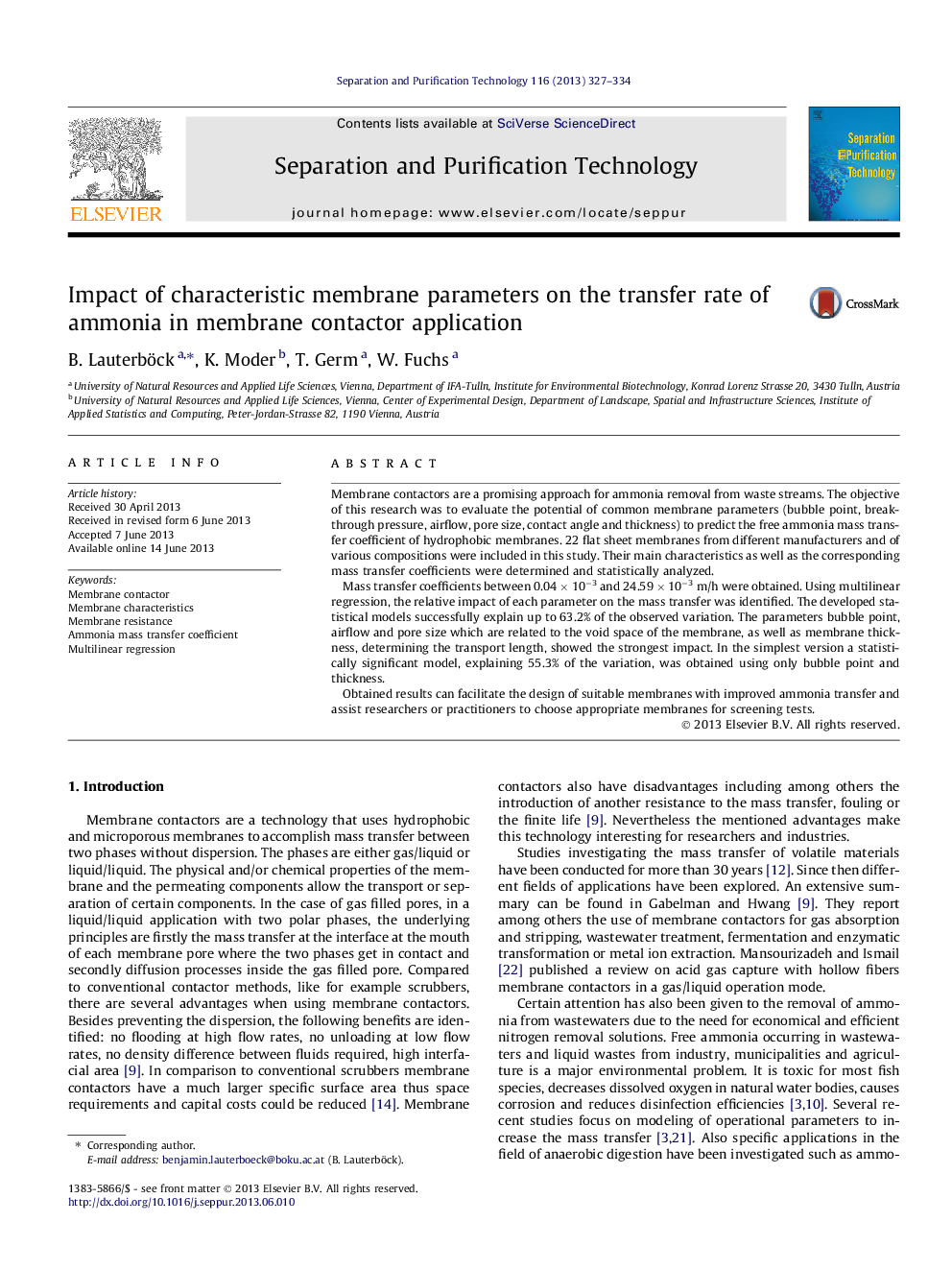 Impact of characteristic membrane parameters on the transfer rate of ammonia in membrane contactor application