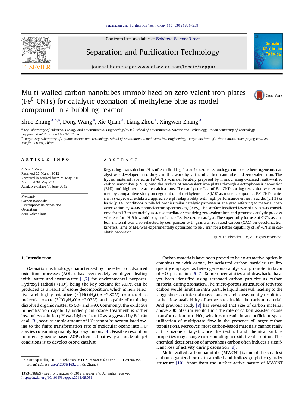 Multi-walled carbon nanotubes immobilized on zero-valent iron plates (Fe0-CNTs) for catalytic ozonation of methylene blue as model compound in a bubbling reactor