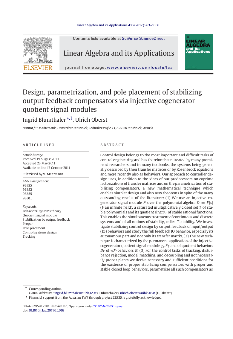 Design, parametrization, and pole placement of stabilizing output feedback compensators via injective cogenerator quotient signal modules