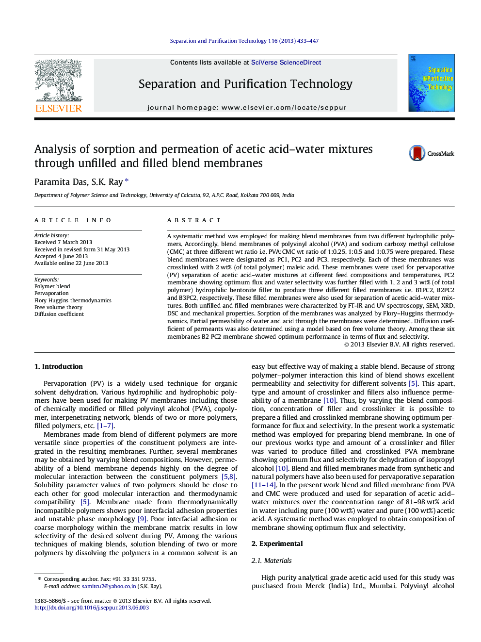 Analysis of sorption and permeation of acetic acid-water mixtures through unfilled and filled blend membranes