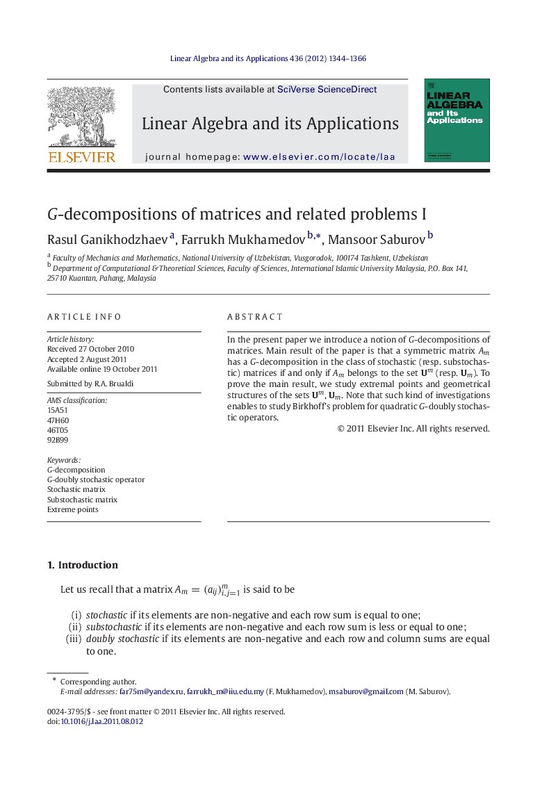 عکس صفحه اول مقاله: G-decompositions of matrices and related problems I G-decompositions of matrices and related problems I
