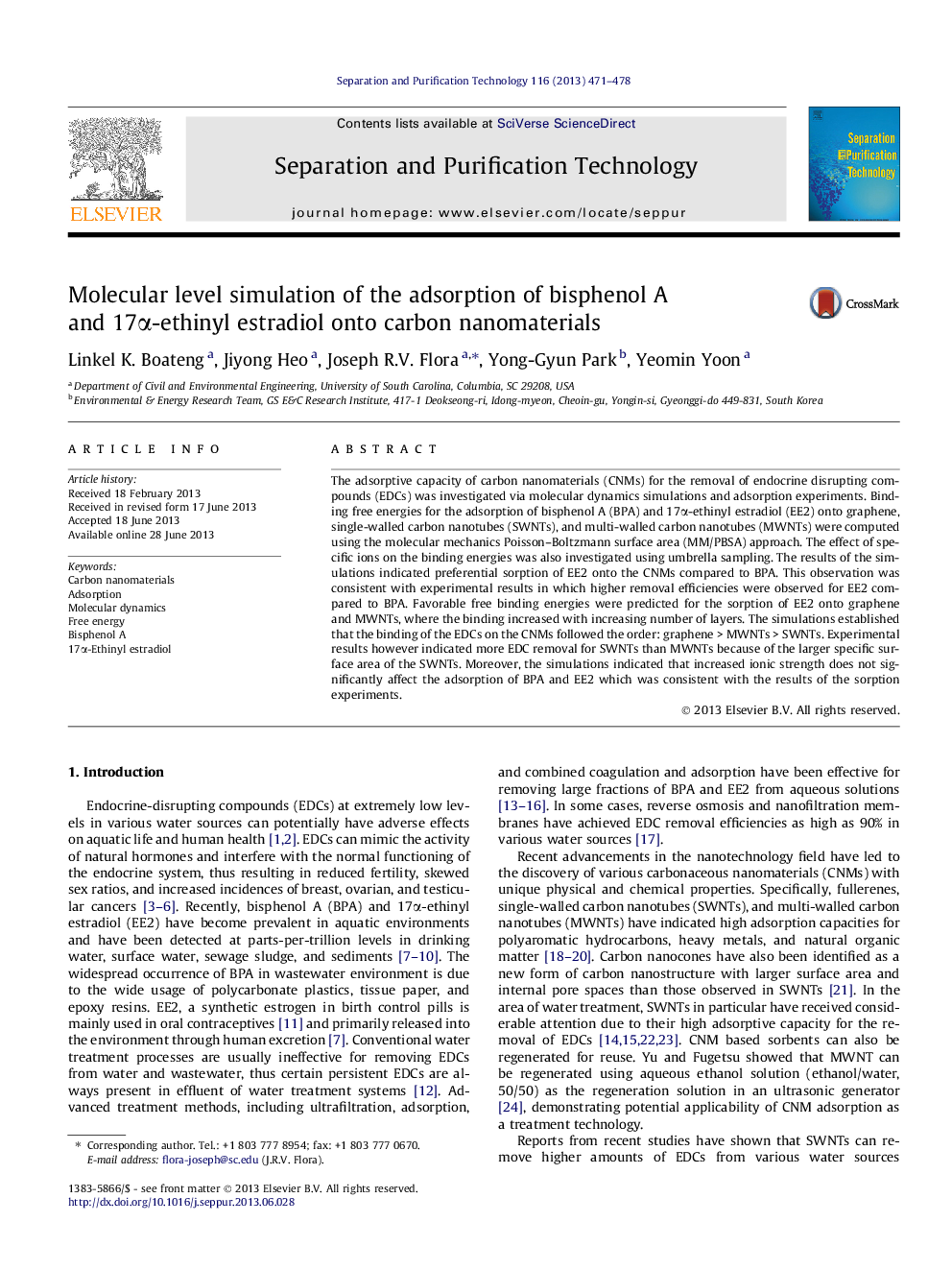 Molecular level simulation of the adsorption of bisphenol A and 17α-ethinyl estradiol onto carbon nanomaterials