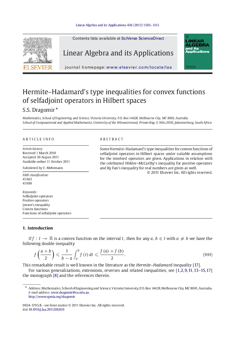 Hermite-Hadamard's type inequalities for convex functions of selfadjoint operators in Hilbert spaces