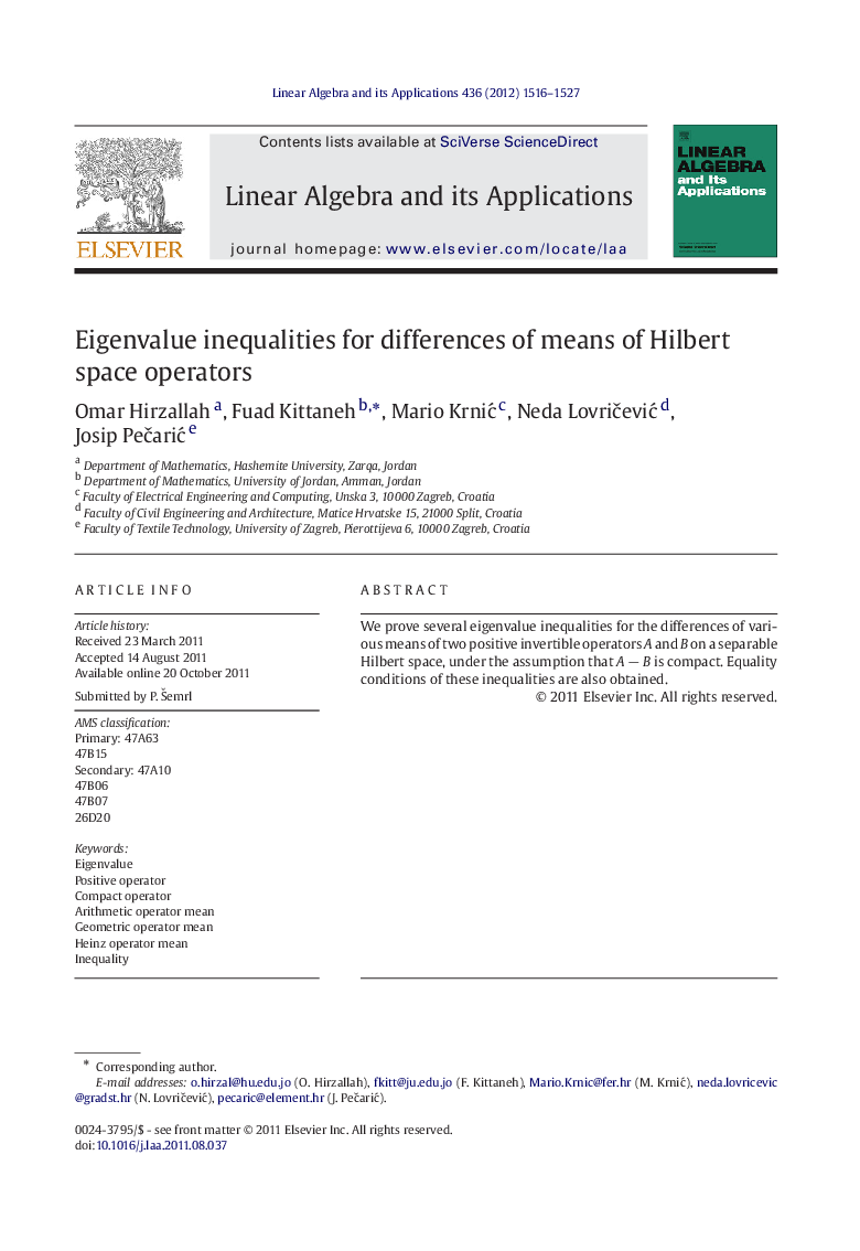 Eigenvalue inequalities for differences of means of Hilbert space operators