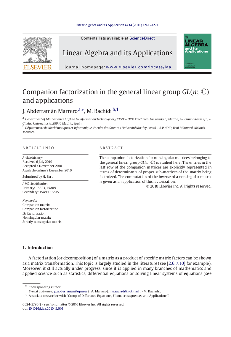 Companion factorization in the general linear group GL(n;C) and applications