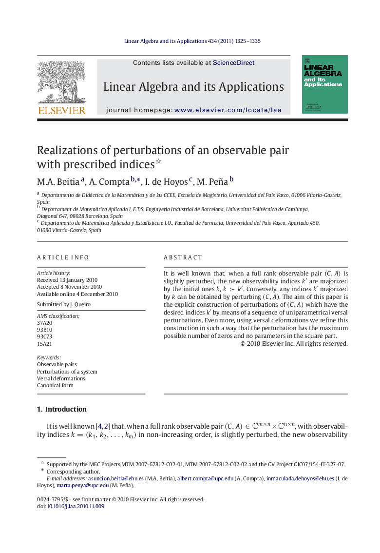 Realizations of perturbations of an observable pair with prescribed indices