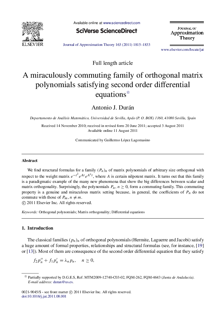 Full length articleA miraculously commuting family of orthogonal matrix polynomials satisfying second order differential equations