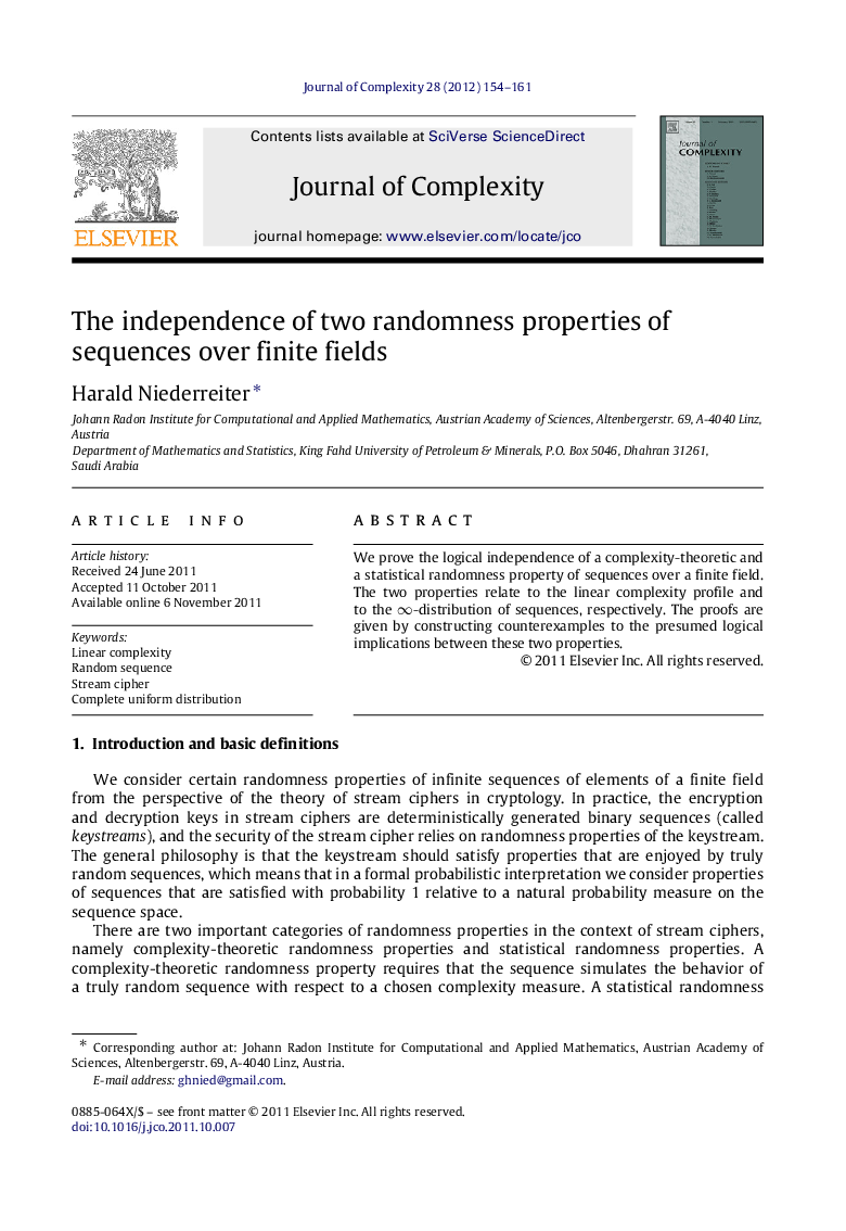 The independence of two randomness properties of sequences over finite fields