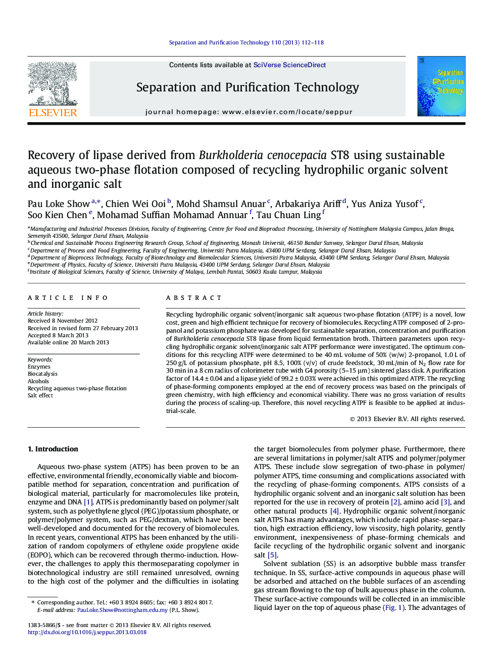 عکس صفحه اول مقاله: Recovery of lipase derived from Burkholderia cenocepacia ST8 using sustainable aqueous two-phase flotation composed of recycling hydrophilic organic solvent and inorganic salt Recovery of lipase derived from Burkholderia cenocepacia ST8 using sustainable aqueous two-phase flotation composed of recycling hydrophilic organic solvent and inorganic salt