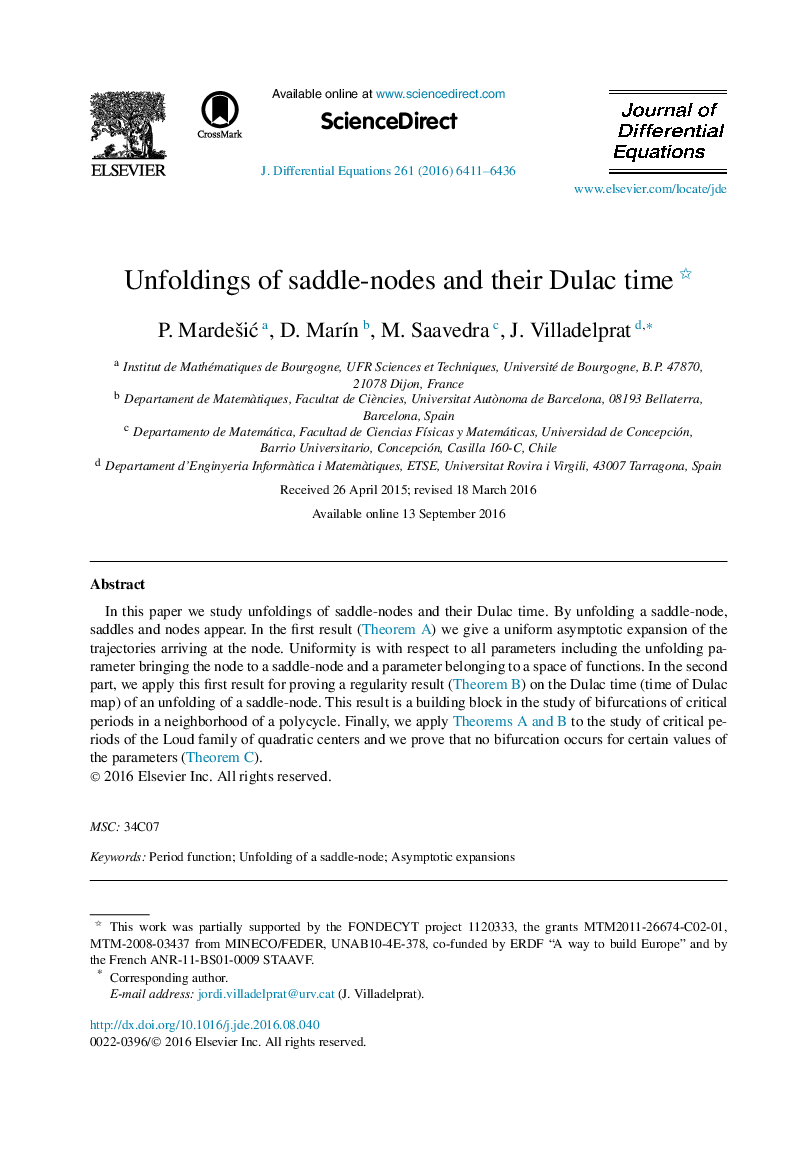 عکس صفحه اول مقاله: Unfoldings of saddle-nodes and their Dulac time Unfoldings of saddle-nodes and their Dulac time