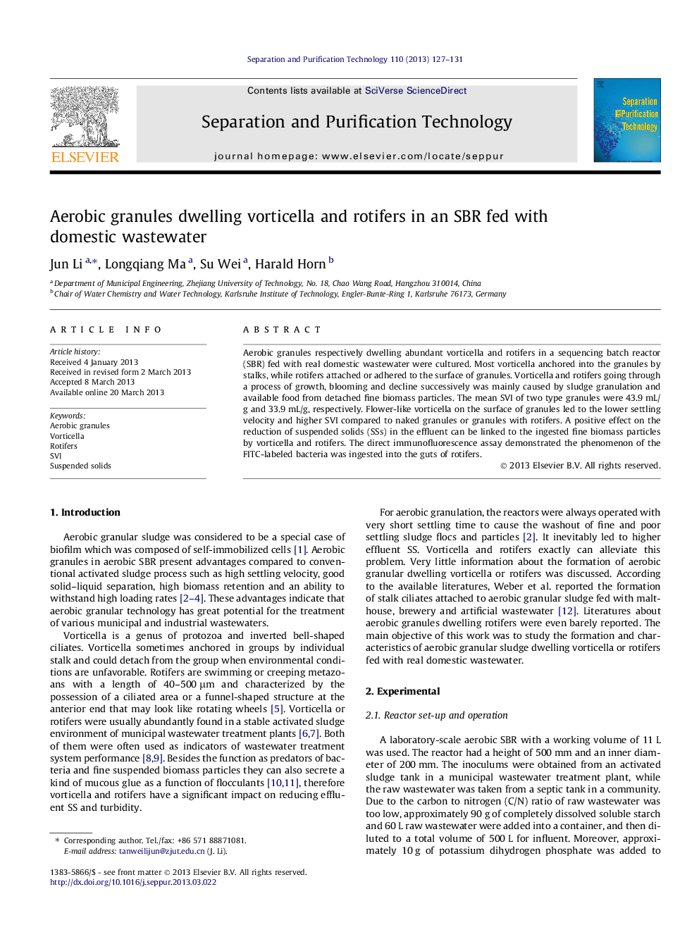 Aerobic granules dwelling vorticella and rotifers in an SBR fed with domestic wastewater