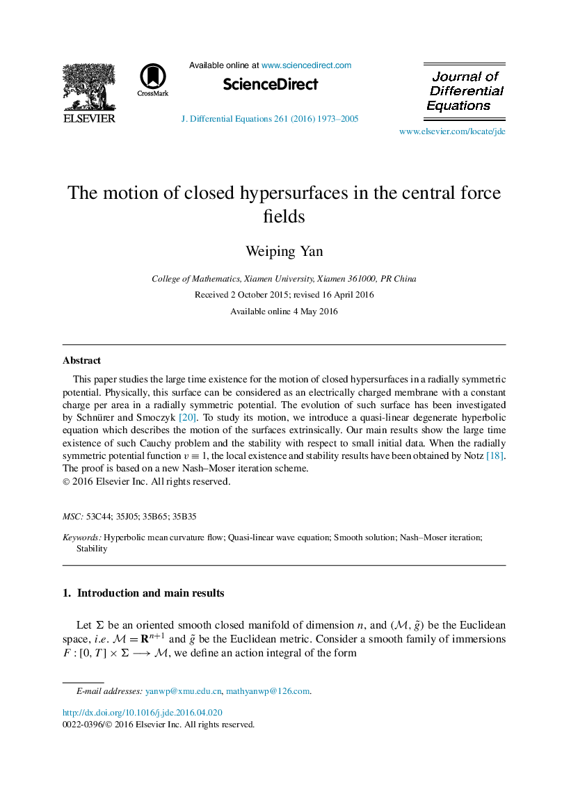 The motion of closed hypersurfaces in the central force fields