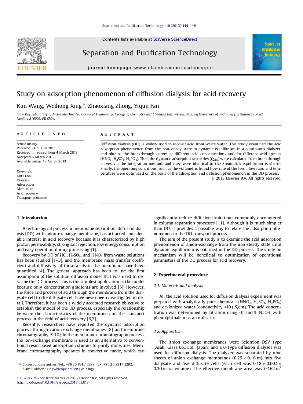 Study on adsorption phenomenon of diffusion dialysis for acid recovery