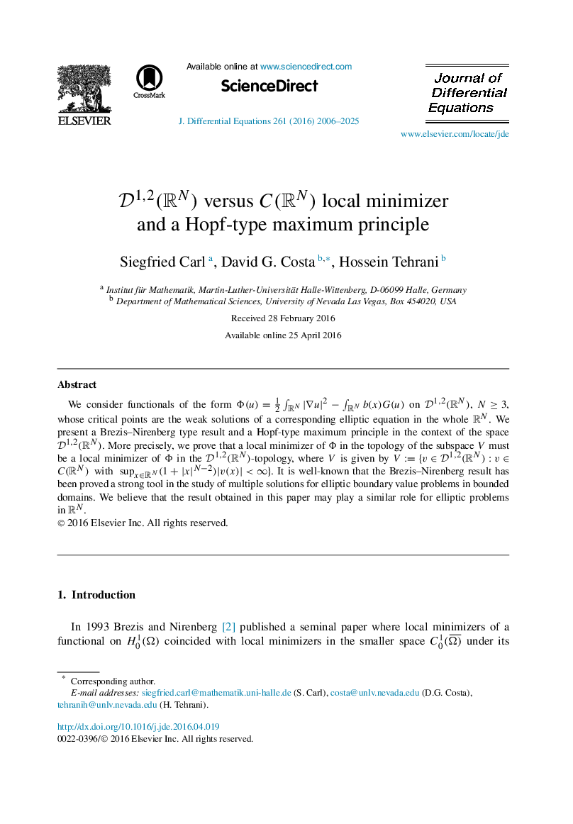 D1,2(RN) versus C(RN) local minimizer and a Hopf-type maximum principle