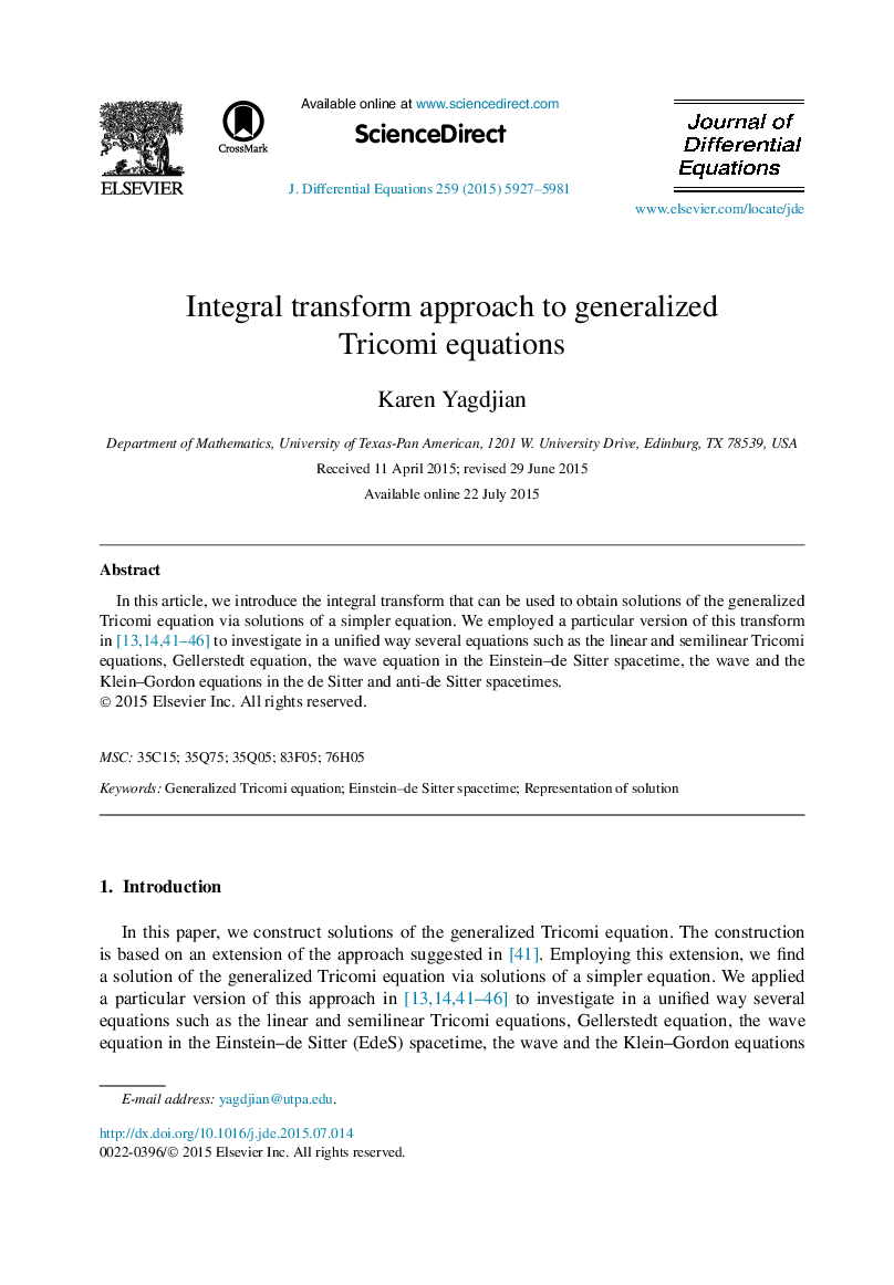 عکس صفحه اول مقاله: Integral transform approach to generalized Tricomi equations Integral transform approach to generalized Tricomi equations