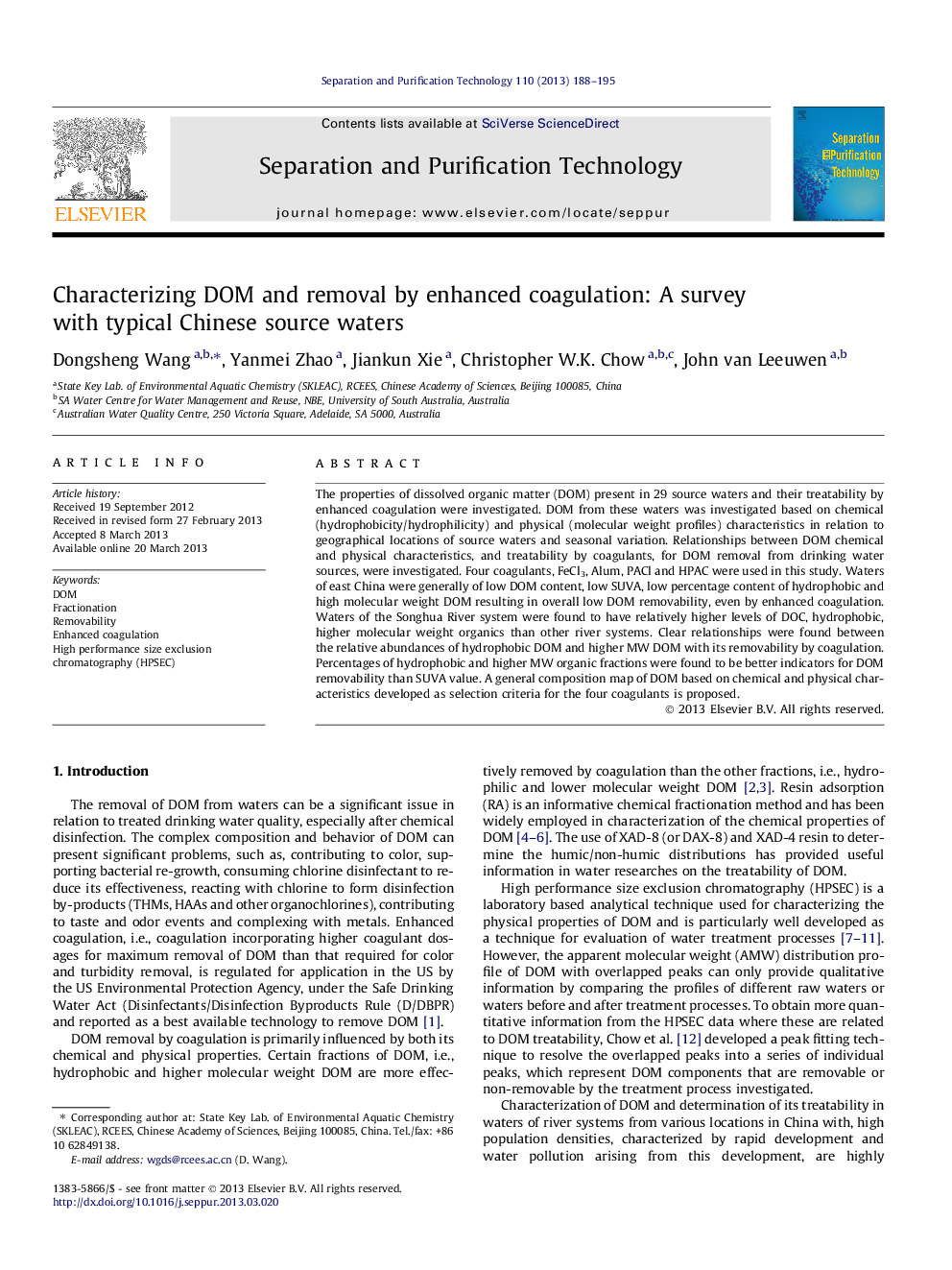 Characterizing DOM and removal by enhanced coagulation: A survey with typical Chinese source waters