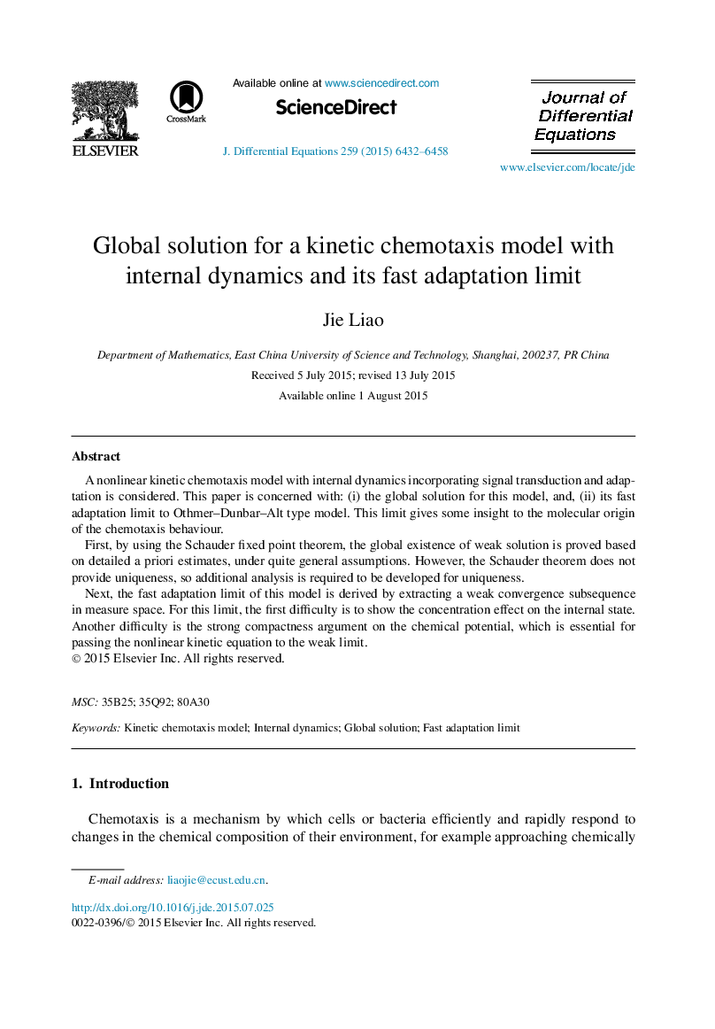 Global solution for a kinetic chemotaxis model with internal dynamics and its fast adaptation limit