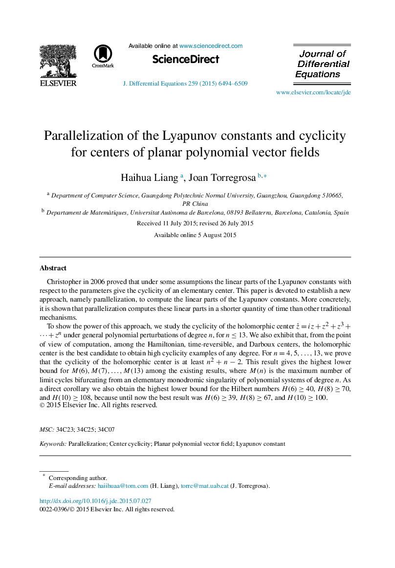 Parallelization of the Lyapunov constants and cyclicity for centers of planar polynomial vector fields