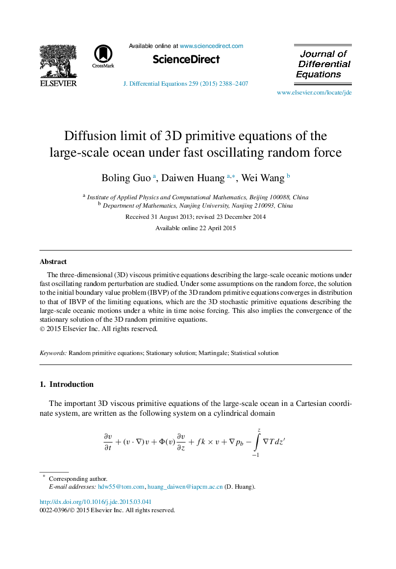 Diffusion limit of 3D primitive equations of the large-scale ocean under fast oscillating random force