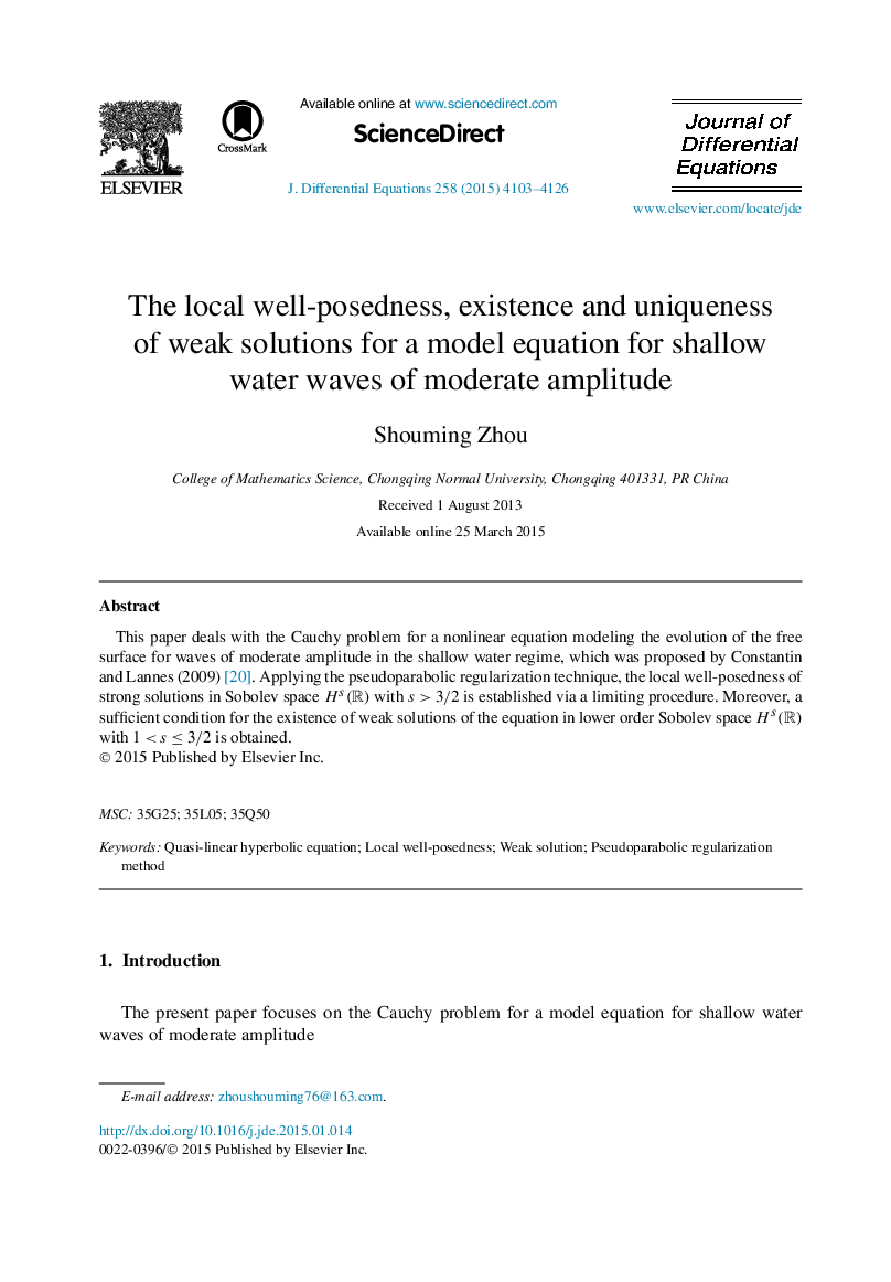 The local well-posedness, existence and uniqueness of weak solutions for a model equation for shallow water waves of moderate amplitude