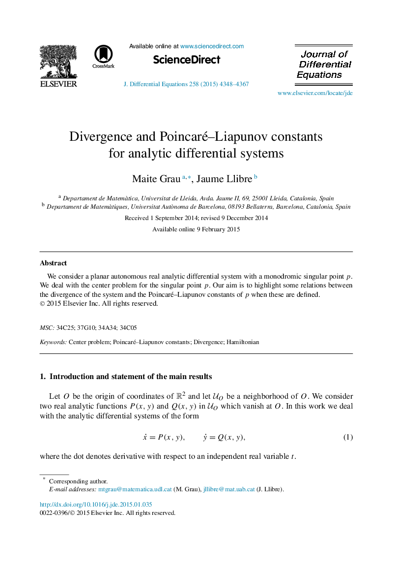 Divergence and Poincaré-Liapunov constants for analytic differential systems