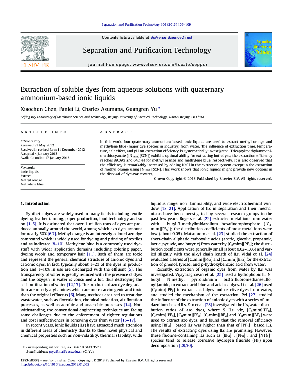 Extraction of soluble dyes from aqueous solutions with quaternary ammonium-based ionic liquids