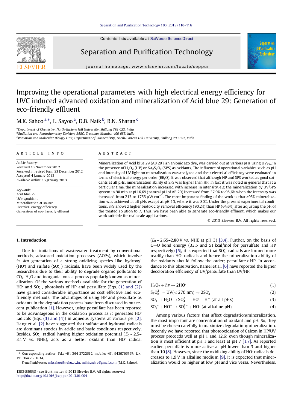 Improving the operational parameters with high electrical energy efficiency for UVC induced advanced oxidation and mineralization of Acid blue 29: Generation of eco-friendly effluent