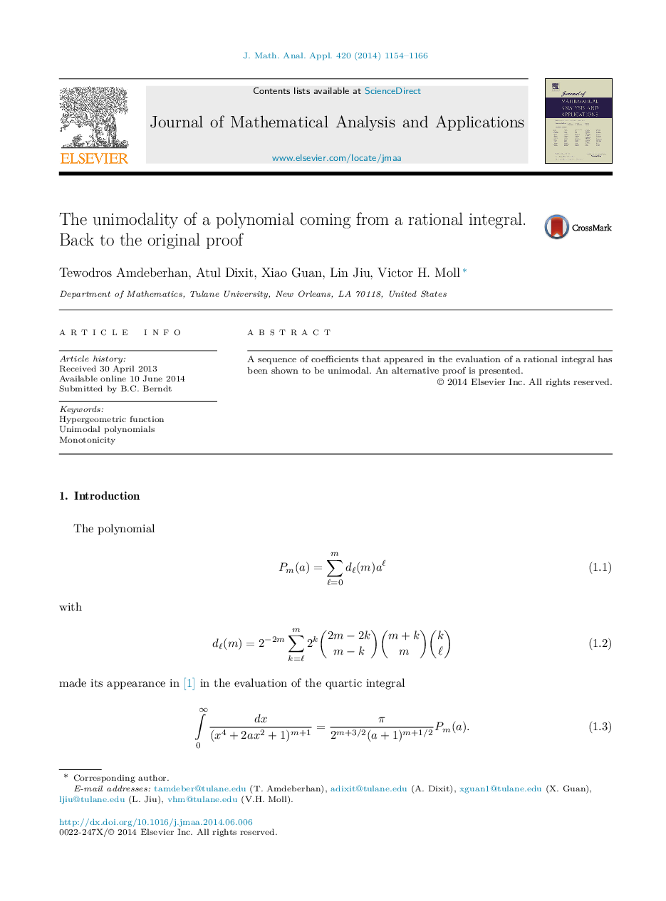 The unimodality of a polynomial coming from a rational integral. Back to the original proof