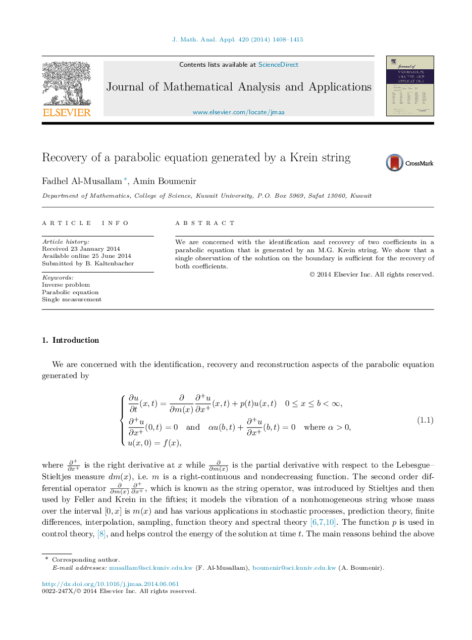 Recovery of a parabolic equation generated by a Krein string