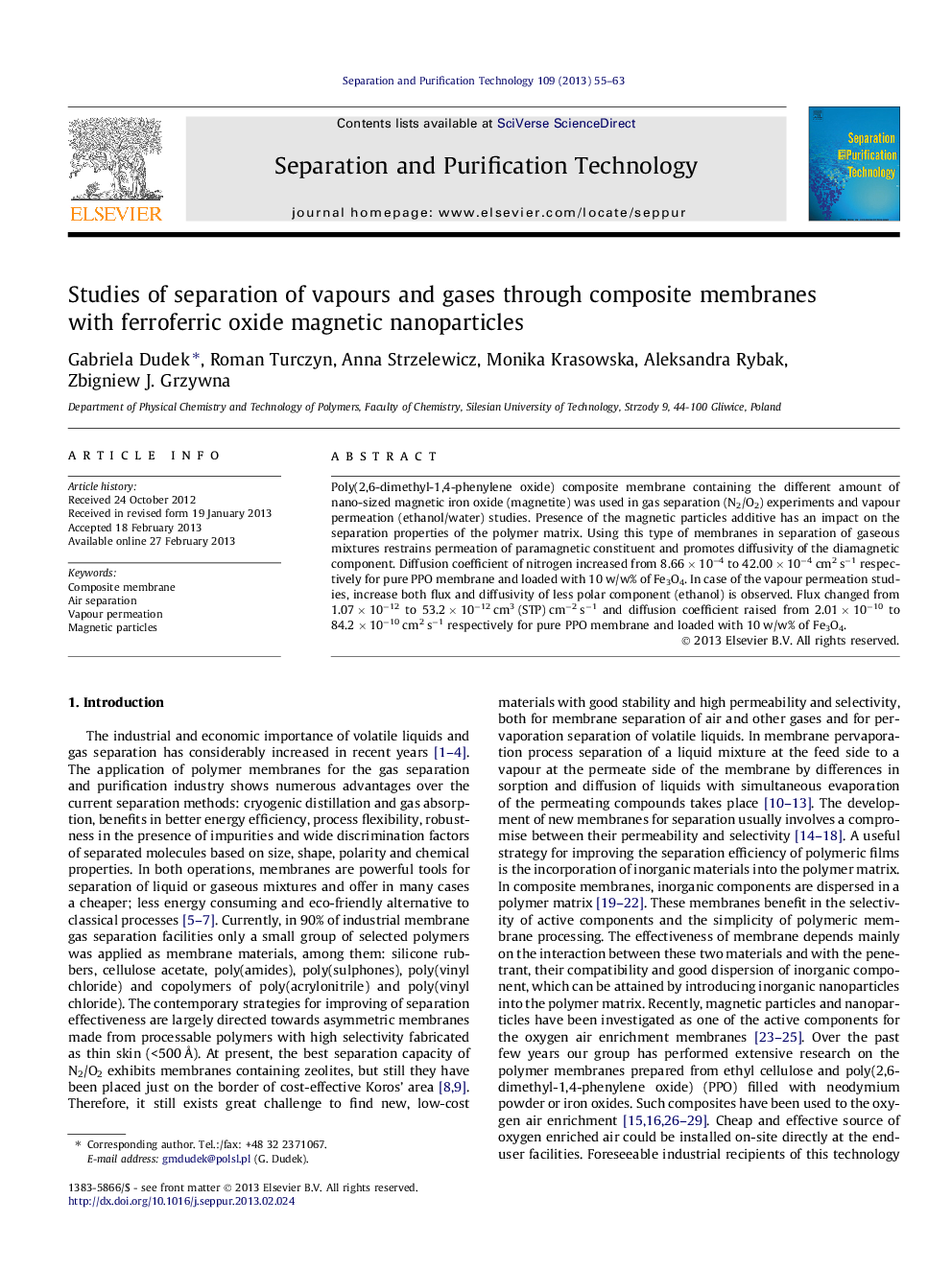 Studies of separation of vapours and gases through composite membranes with ferroferric oxide magnetic nanoparticles