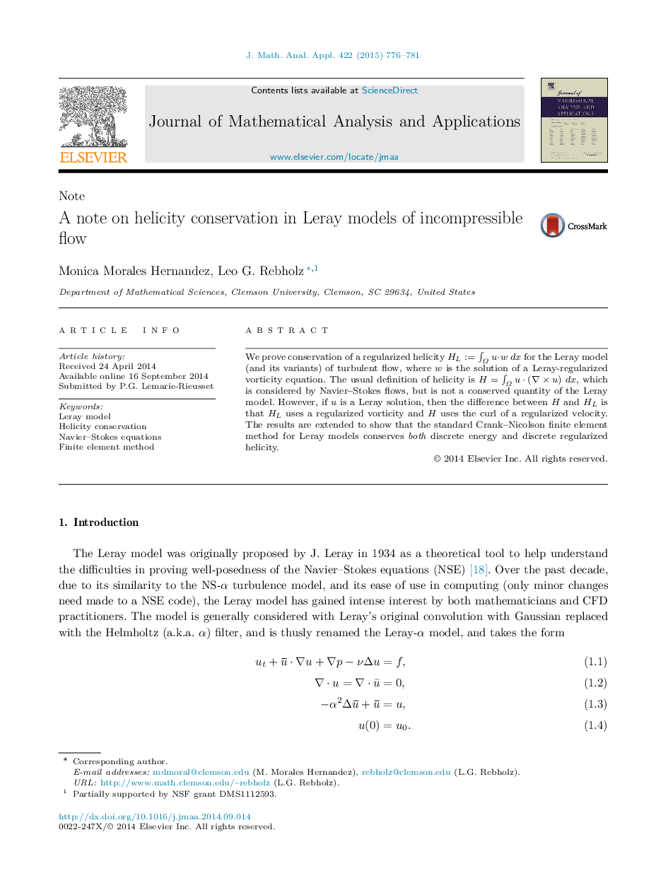 عکس صفحه اول مقاله: NoteA note on helicity conservation in Leray models of incompressible flow NoteA note on helicity conservation in Leray models of incompressible flow