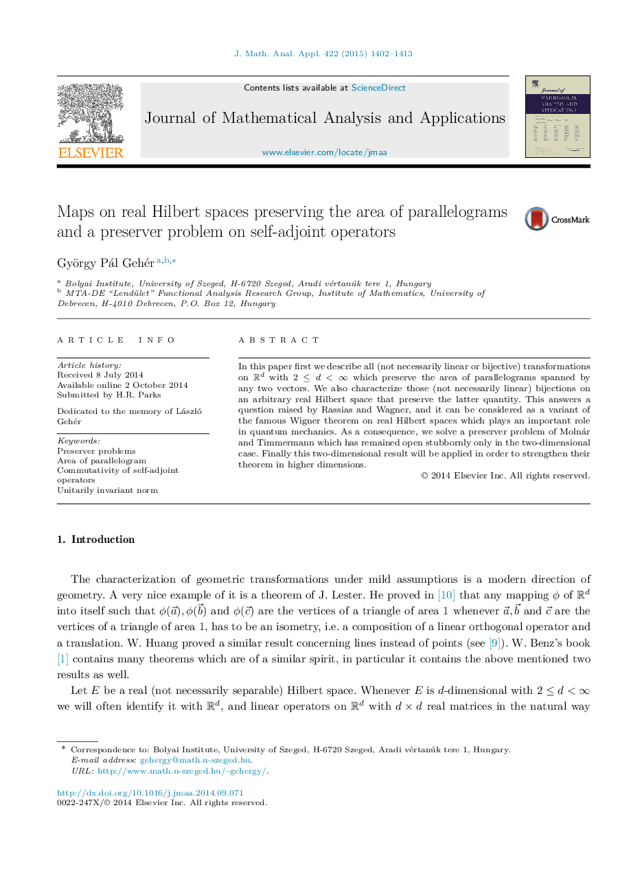 Maps on real Hilbert spaces preserving the area of parallelograms and a preserver problem on self-adjoint operators