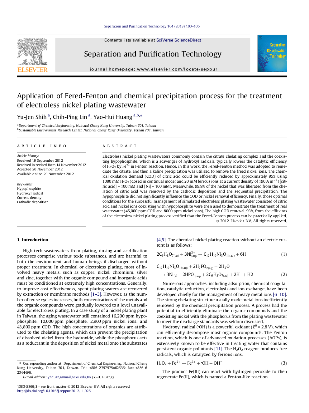 Application of Fered-Fenton and chemical precipitation process for the treatment of electroless nickel plating wastewater