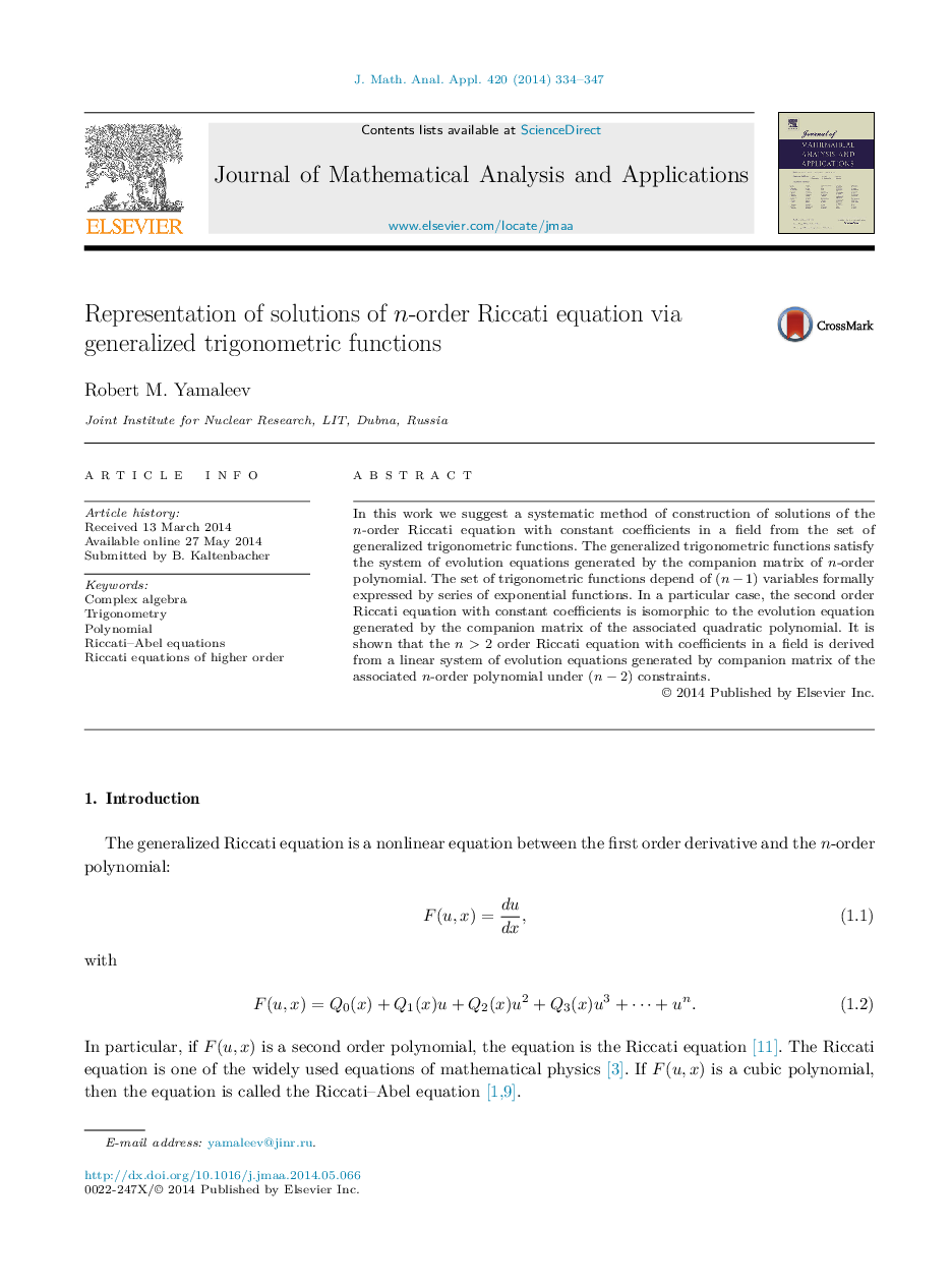 Representation of solutions of n-order Riccati equation via generalized trigonometric functions